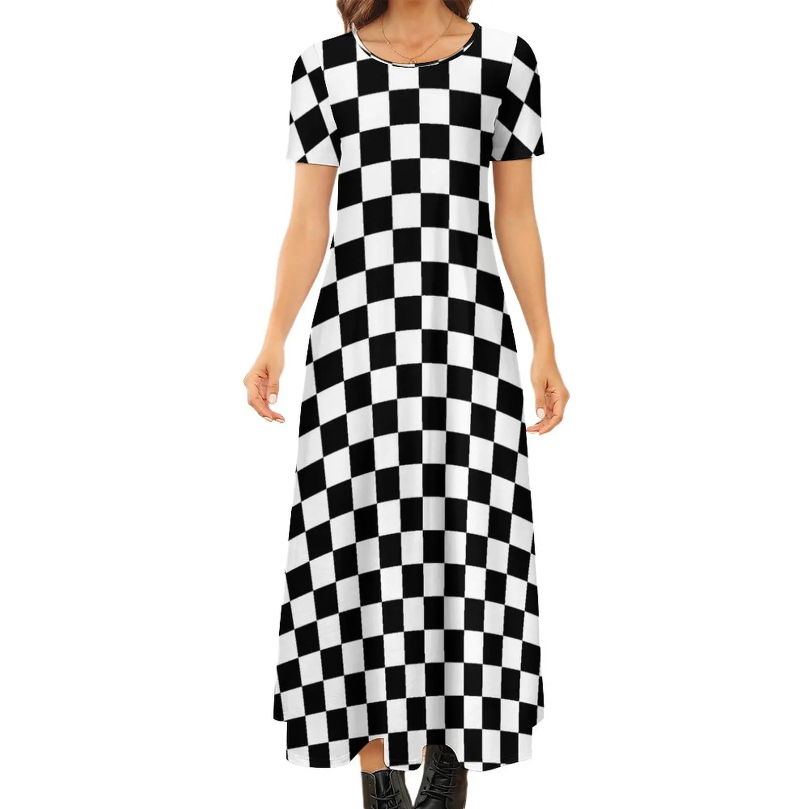 

Geo Print Bodycon Dress Female Black White Square Stylish Maxi Dresses Spring Short Sleeve Street Style Graphic Oversize Dress