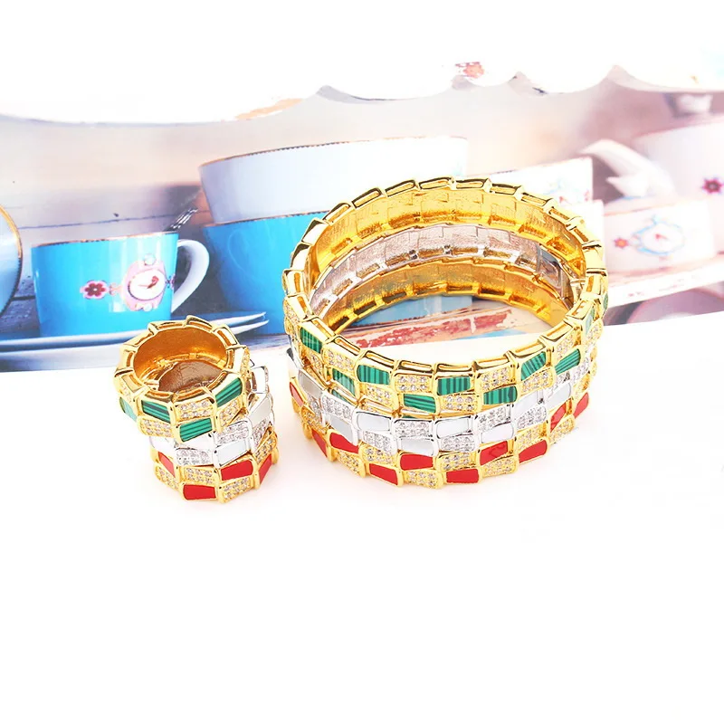 

Europe America Fashion Style Women Lady Plated Gold Color Inlay Cubic Zircon Snake Snakelike Wide Double Ring Bangle Bracelet
