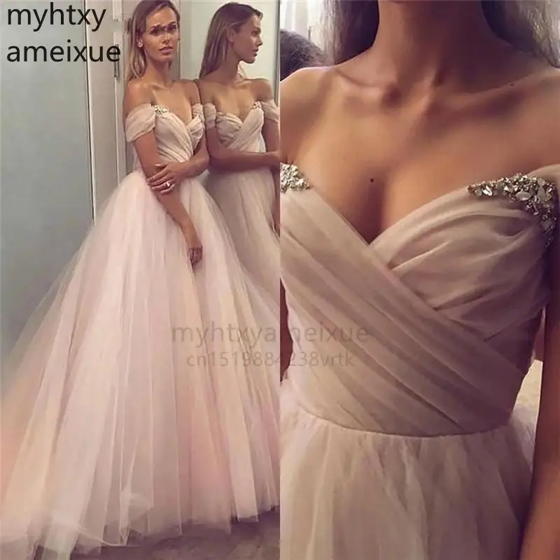 

Женское вечернее платье с V-образным вырезом, розовое фатиновое платье с открытыми плечами, украшенное бусинами и кристаллами, бальное платье для выпускного вечера, 2022