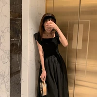 short sleeve square collar elegant dress mid wasit backless a line korean casual dress summer black pleated office dress lady