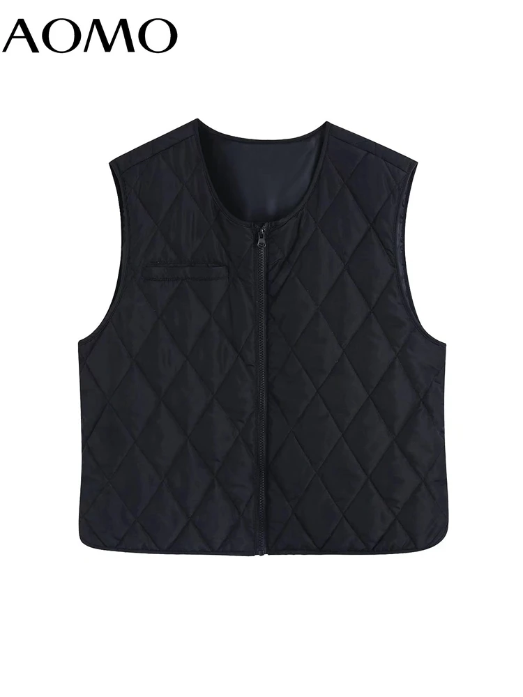 

AOMO Women Black Crop Crop Waistcoat Parkas Zipper 2021 Female Sleeveless Outwear CE125A