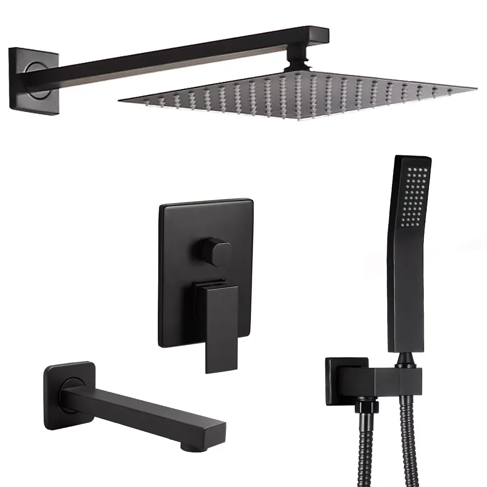 

Shower Faucets Matte Black Wall Mount Bathroom Faucet Set Rainfall Square Big Shower Head Handheld Valve Bath Mixer Tap YB-623R