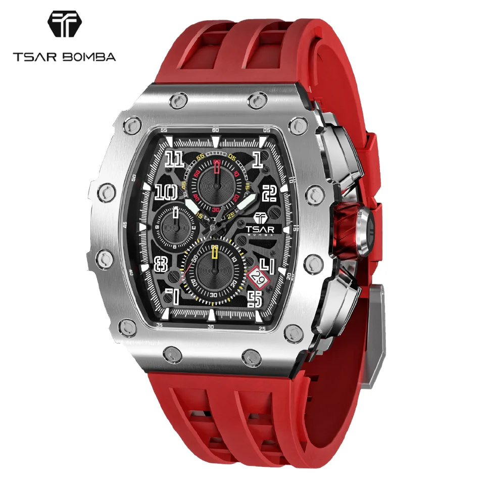 

TSAR BOMBA Mens Watches Luxury Sport Chronograph Quartz Wristwatch Sapphire Glass Stainless Steel Tonneau Design Watch for Men