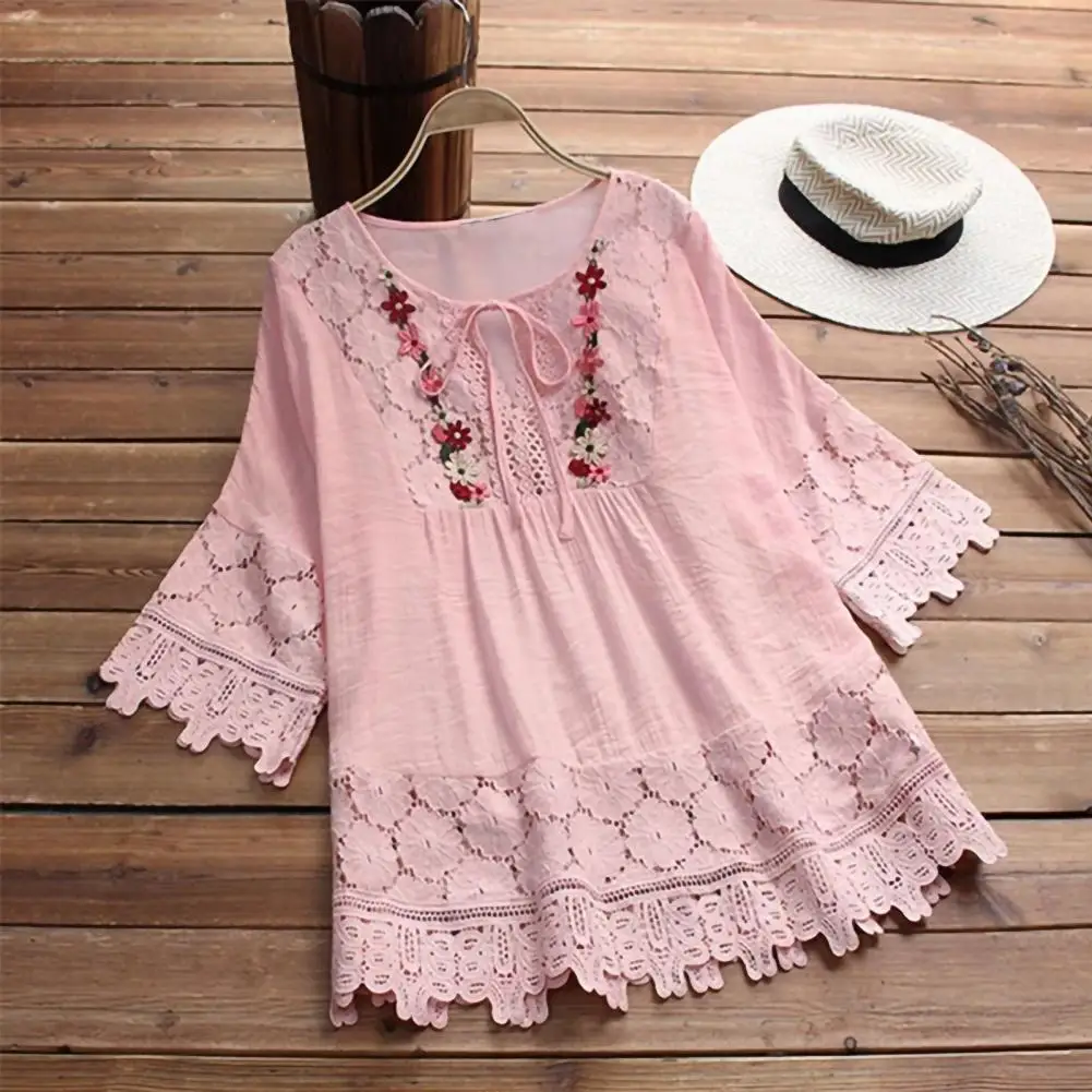 

Chic Comfortable Casual Shirt Loose Fit Crochet Embroidery Lace Splicing Flower Decor Summer Shirt Three Quarter Sleeve