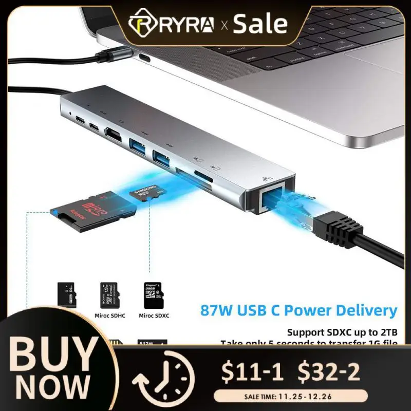 

Док-станция RYRA 8 в 1, Type-c на HDMI, сетевой порт PD SD/TF
