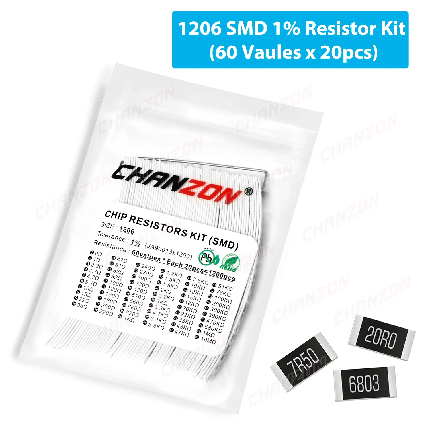 

60 Values x 20Pcs SMD 1206 Resistors Assorted Set 1200 Pcs 0ohm - 10M Ohm 1/4W Watt 1% High Precision Film Chip Resistance Kit
