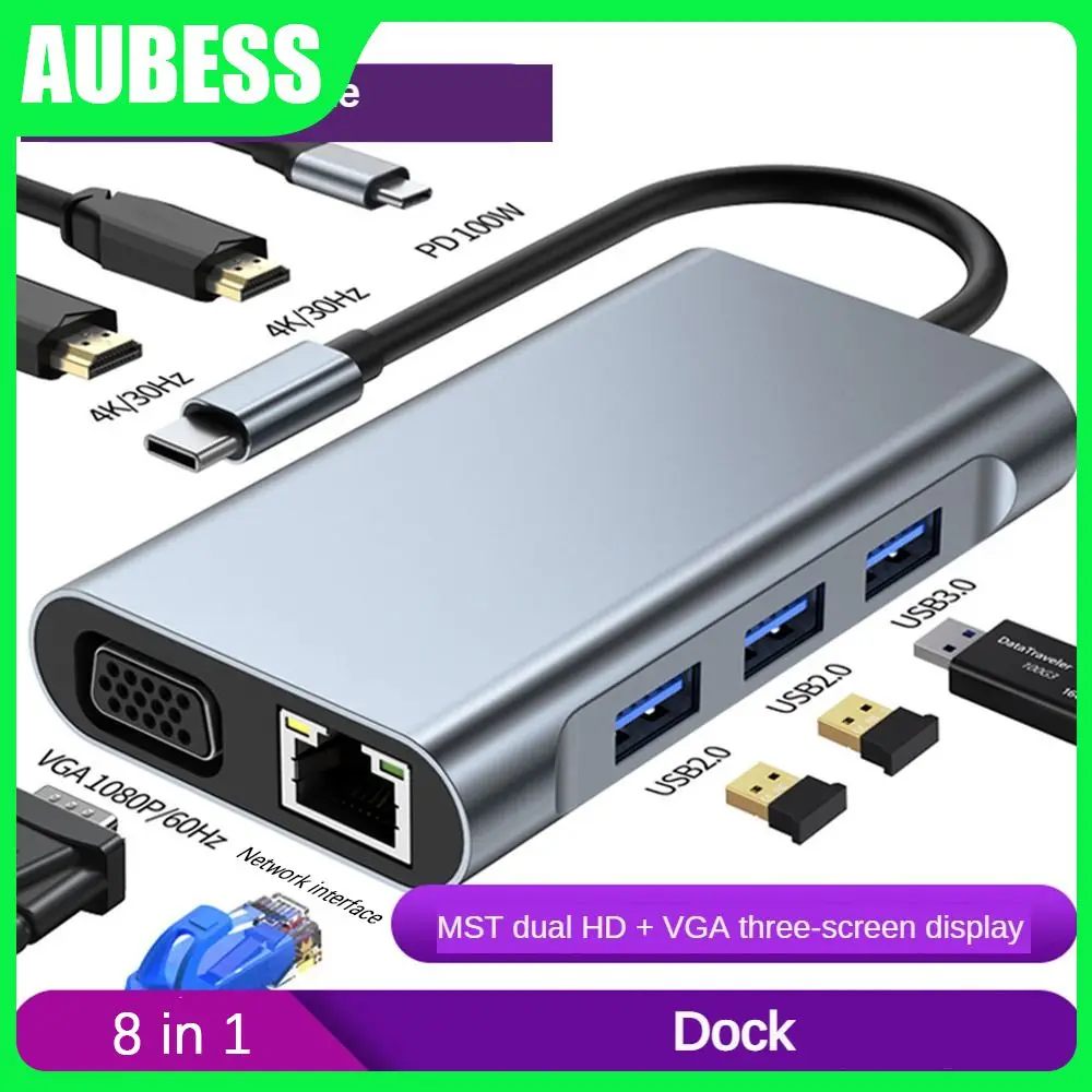 

4k Dual Hd Expansion Dock Tf/sd Card 100mbps 8 In 1 Docking Station Portable Fast Charging Usb C Hub Office Accessories 1080p