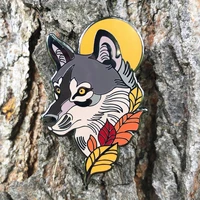 cartoon moon wolf autumn fallen leaves hard enamel pin handsome grey wolf animal metal brooch accessories fashion badge jewelry