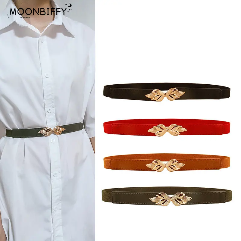 

Fashion Leaf Thin Belt Stretch Dress Belt Women Fashion Waist Belt Thin Buckle Waistband for Ladies Belt Decoration Narrow Belt