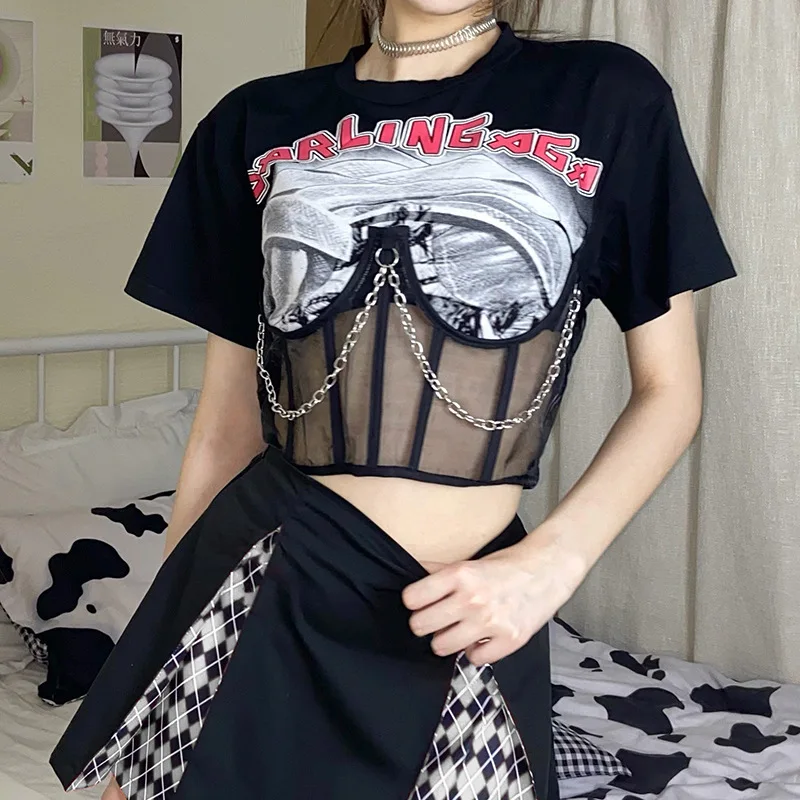 

WeiYao Gothic Techwear Patchwork Print Corsets T-Shirts Woman Dark Academic Chains Punk Girl Tees Short Sleeve Black Tops