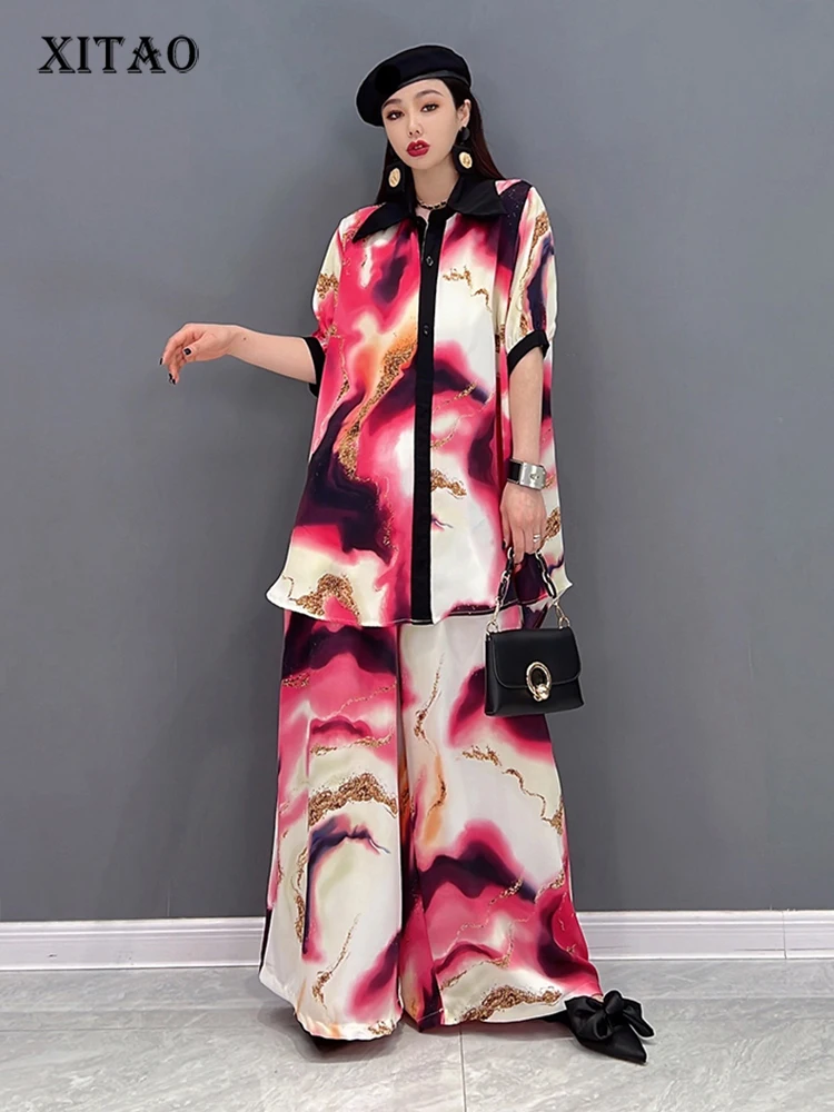 

XITAO/однобортные комплекты со штанами с принтом для женщин; Коллекция 2022 года; Сезон лето; Новинка; Модные свободные брюки с круглым вырезом и ...