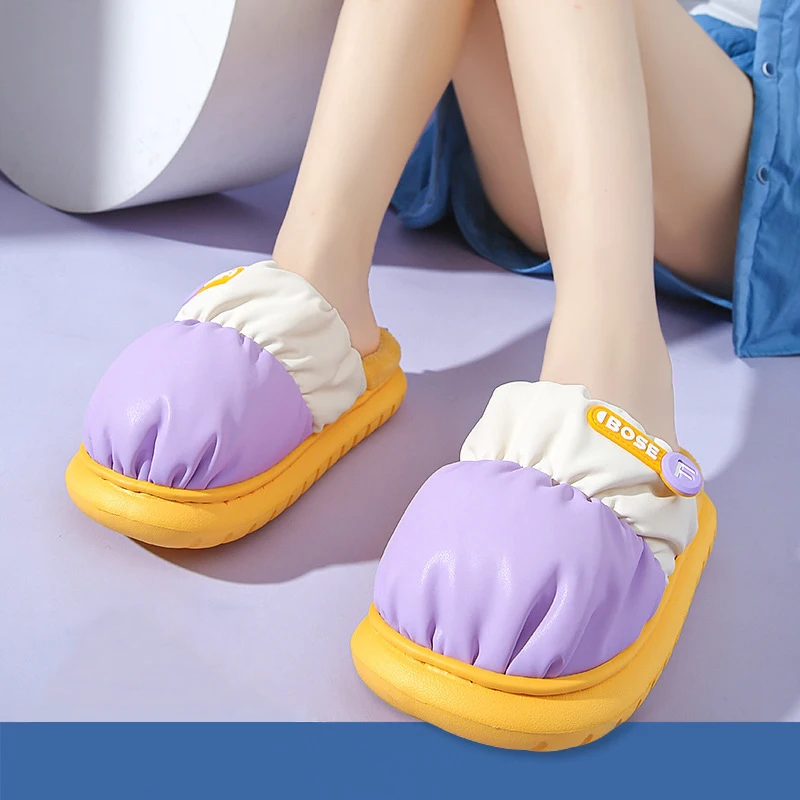 

Mix Color Soft Plush Slippers for Women Winter Non-Slip Warm Home Slippers Woman 2023 Thick Sole Pu Leather Cotton-Padded Shoes