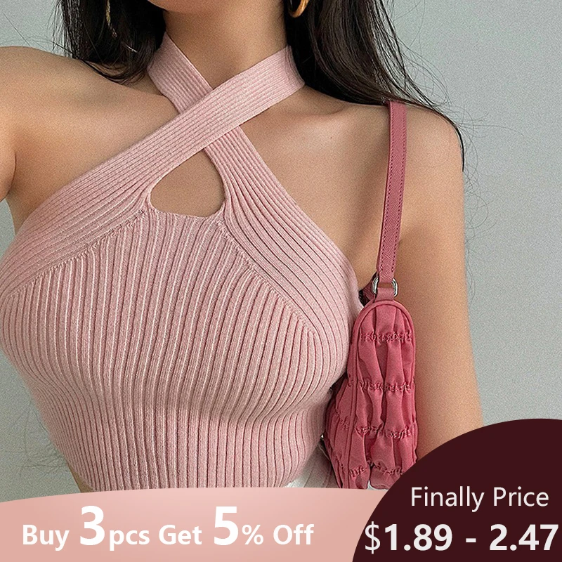 Женские майки Y2K топы с лямкой на шее женские трикотажные однотонные сексуальные