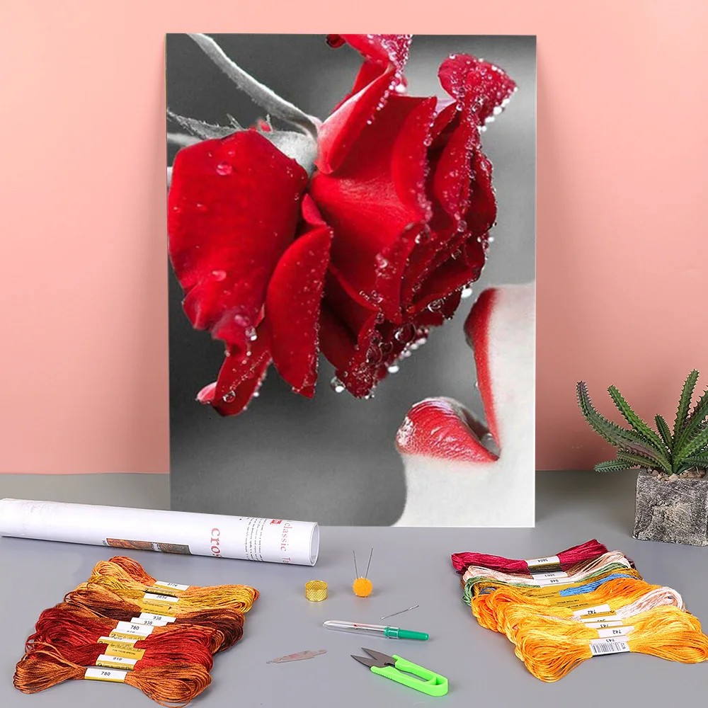 

Red Umbrella Rose Flower Printed Water-Soluble Canvas 11CT Cross-Stitch Embroidery Kit DMC Threads Craft Needlework Floss