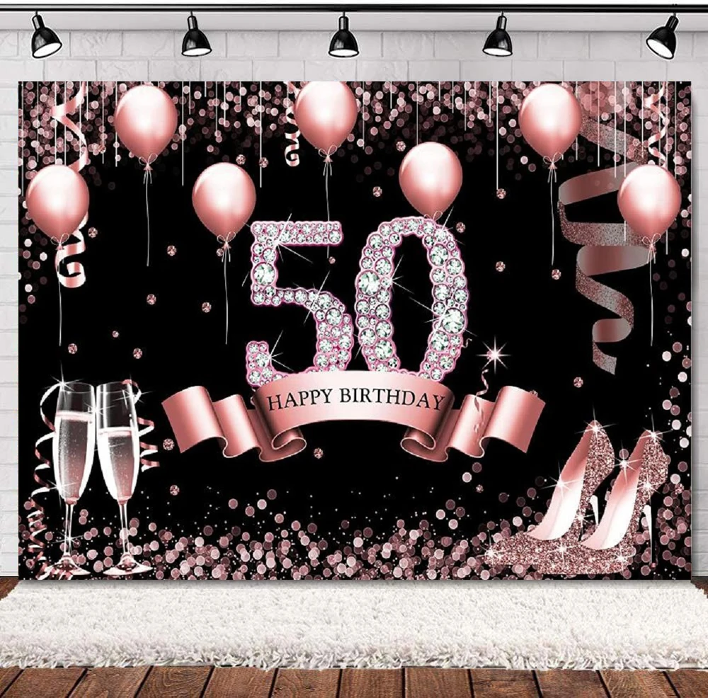 

Happy 50th Birthday Photography Backdrop Banner Rose Gold For Women Glitter Diamonds Balloons High Heels Background Decor Poster