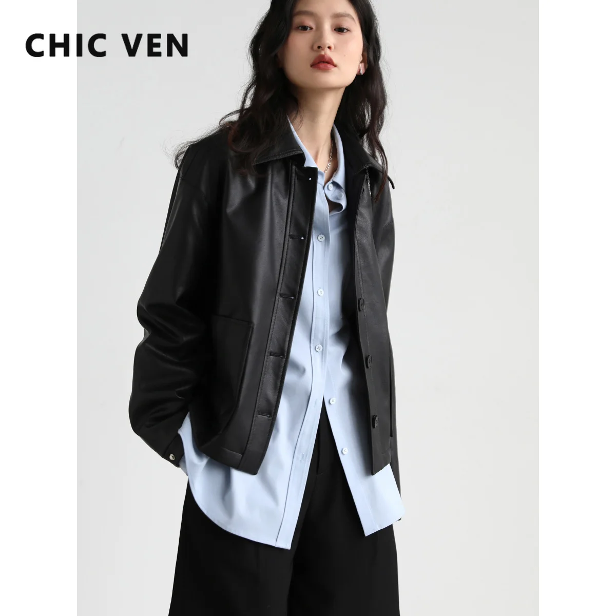 

CHIC VEN Women's Jacket Casual Loose Black PU Faux Leather Coat Streetwear Motorcycle Women Outerwear Female Spring Autumn 2022
