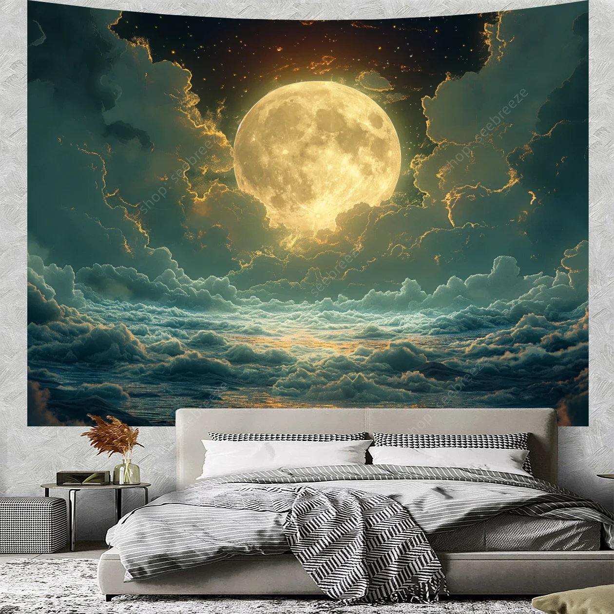 

Психоделический гобелен с лунным подъемом, настенная подвеска, загадочная ночь, эстетика бохо, домашний декор для стен, занавеска, ткань