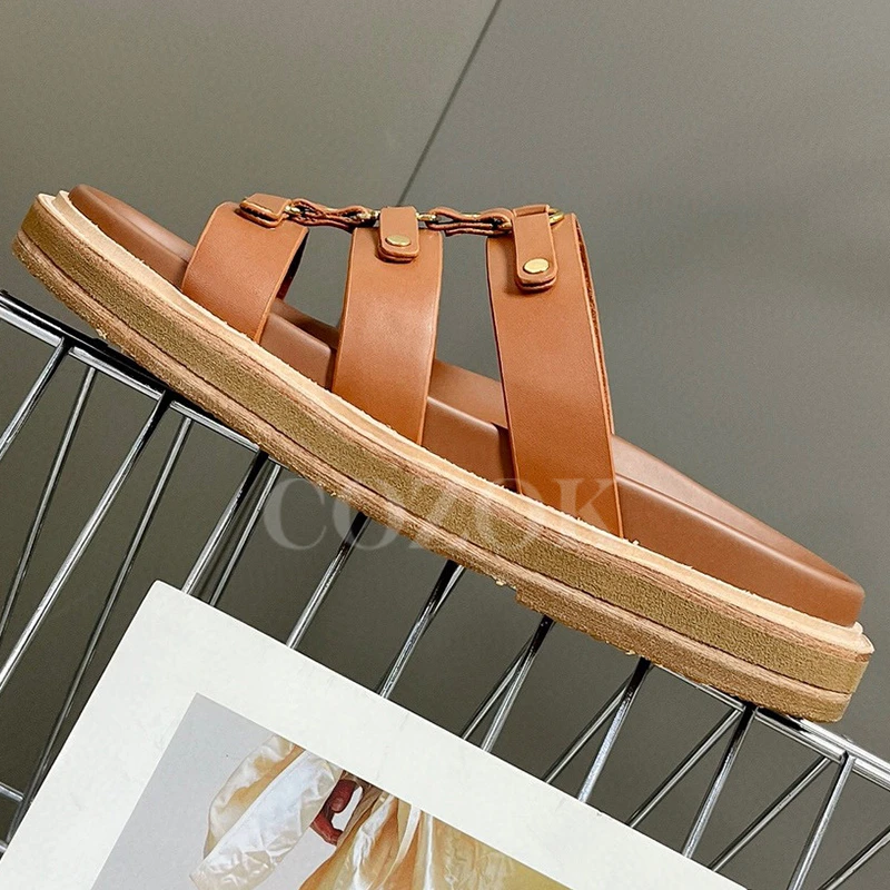 

Classics Female Slippers Summer New Metal Decor Arc De Triomphe Design Platform Sandals Narrow Band Retro Style Ladies Slippers