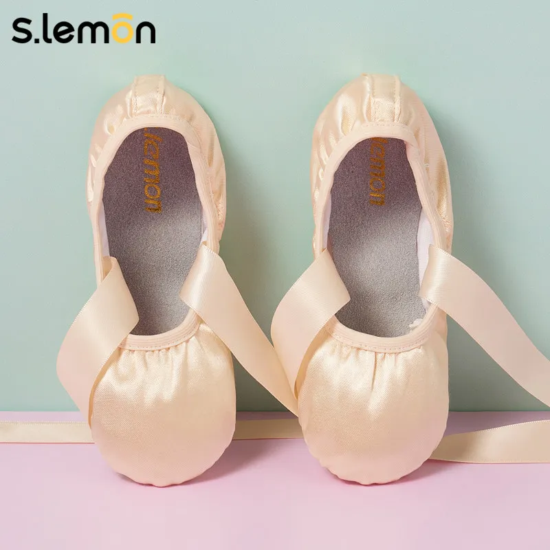 Фото Женские атласные балетки S.lemon с ленточными завязками, цвет пыльная роза, профессиональные танцевальные туфли №5
