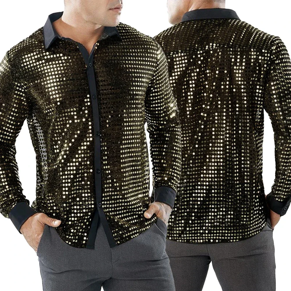 Złota M-2XL Poliester Regularna Retro 70s Disco Cekiny Koszula Błyszcząca Stylowa Zupełnie Nowa Wygodna Gorąca Męska Z Długim Rękawem