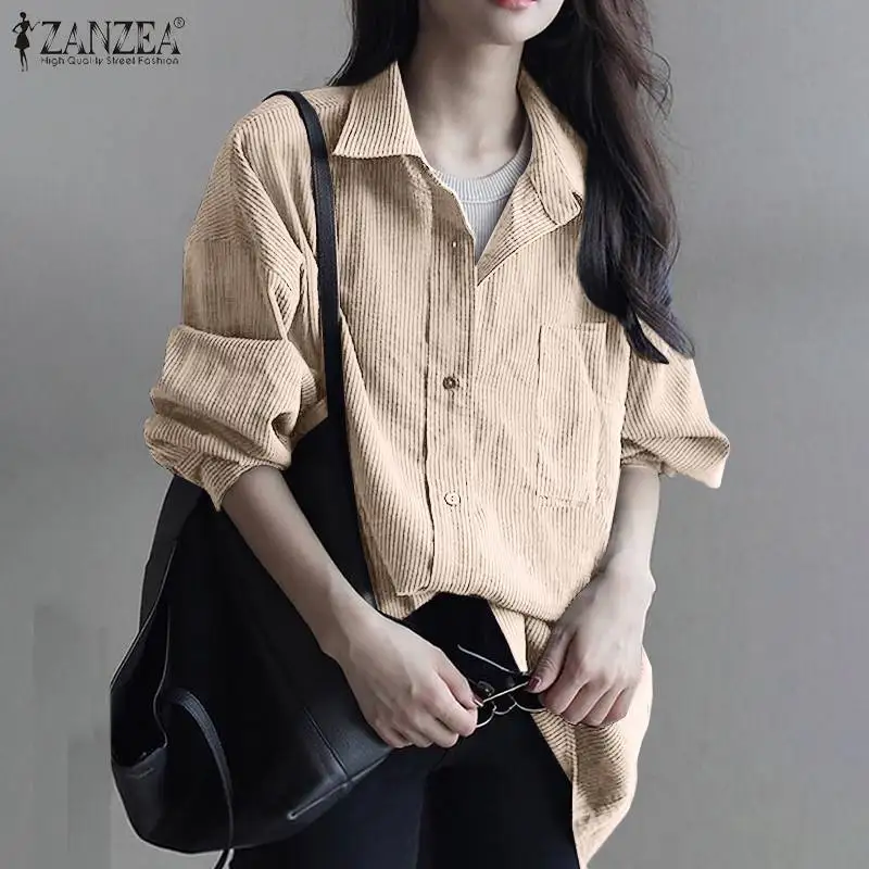 

Full Sleeved Blouse Plain Tops Collared Button Holiday Elegant Casual Loose Shirt ZANZEA Spring Oversized Vintage Women Loose