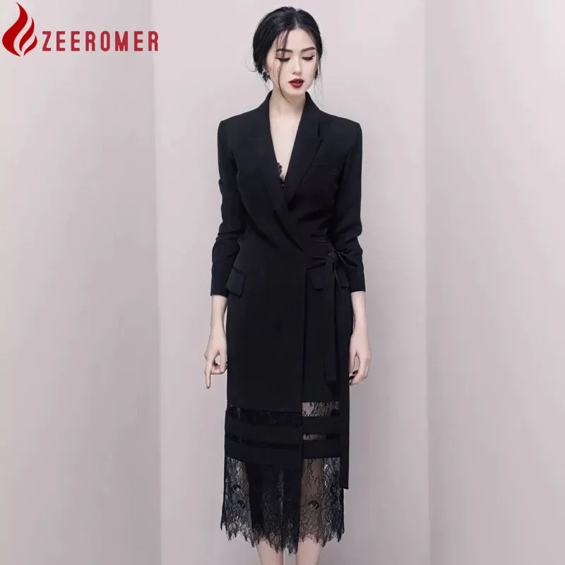 

ZEEROMER 2023 Runway Designer Long Blazer Coat Autumn Women Black Patchwork Lace Tie Bowknot Jacket Coats Chic Notched Overcoat