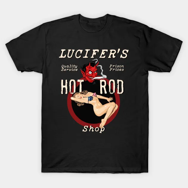 

2021 Men/Women's Summer Black Street Fashion Lucifer's Hot Rod Shop Rockabilly Hot Nose Art Bikini Pinup T-Shirt