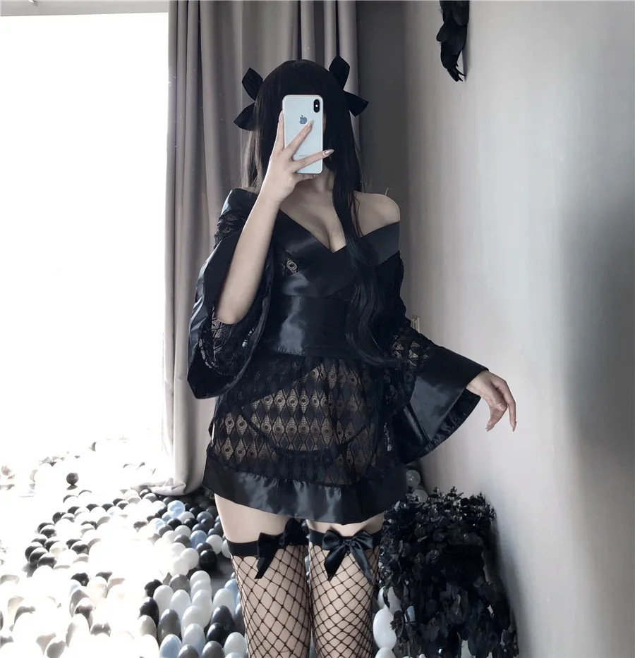 

Пикантная униформа для косплея черного дьявола, японское кимоно, эротические костюмы для женщин, халат, ажурный комплект нижнего белья для ...