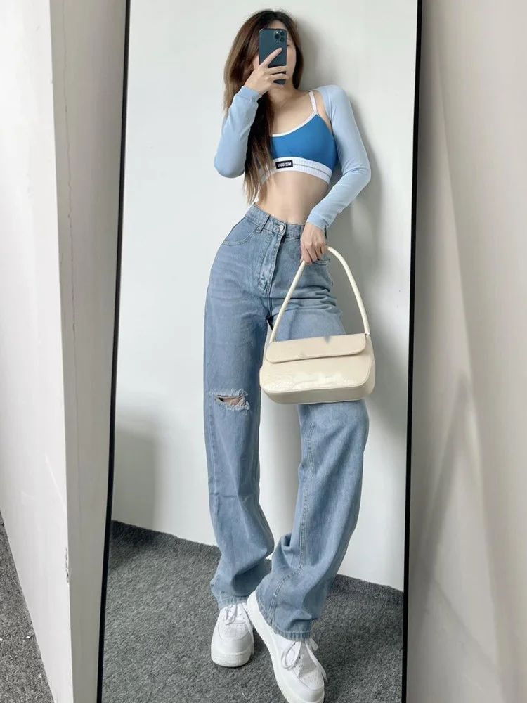 

European Style Street Trend Sweet Cool High Waist Ripped Straight Jeans Solid Color Thin Tassel Design Women's Clothing DNJT