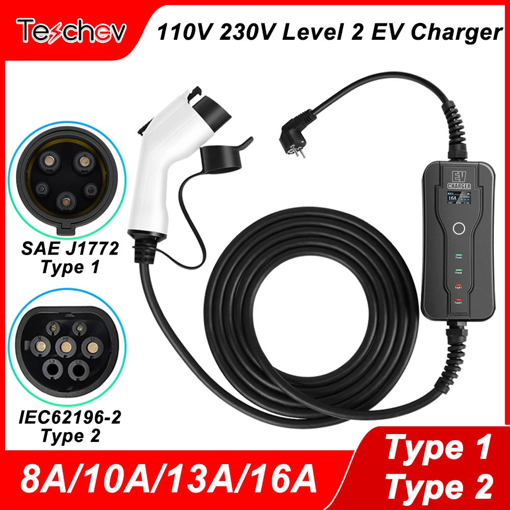 

Teschev 110V 230V J1772 Type 1 EV Charger Electric Vehicle Charger Level 2 EVSE Charging Cable Wallbox Type 2 16A Car Charger