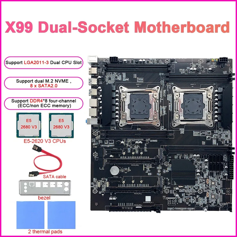 

X99, двойная розетка, E-ATX двойной процессор DDR4, ECC ОЗУ, LGA2011-3 V3 CPU + термальная подушка + кабель SATA + рамка