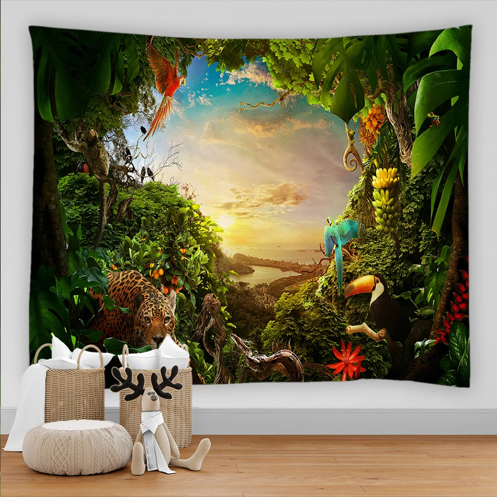 

Psychedelic Forest Tapestry Wall Hanging Tropical Palm Tree Animal Beach Wall Backdrop Cloth Carpet Tapestries Home Room Decor