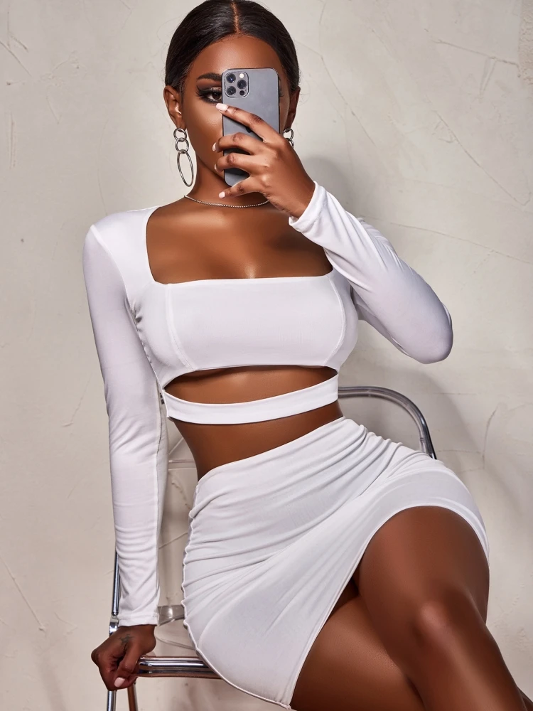 Women'S Two-Piece Sexy Square Neck Long Sleeve Hollow Pleated Hip Wrap Skirt