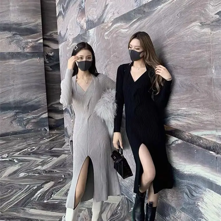 

Solid Color Women's Split Knitted Dress Autumn and Winter New Elegant Long Sleeve Rib Neck Hanging Knitted Bottom Skirt B731