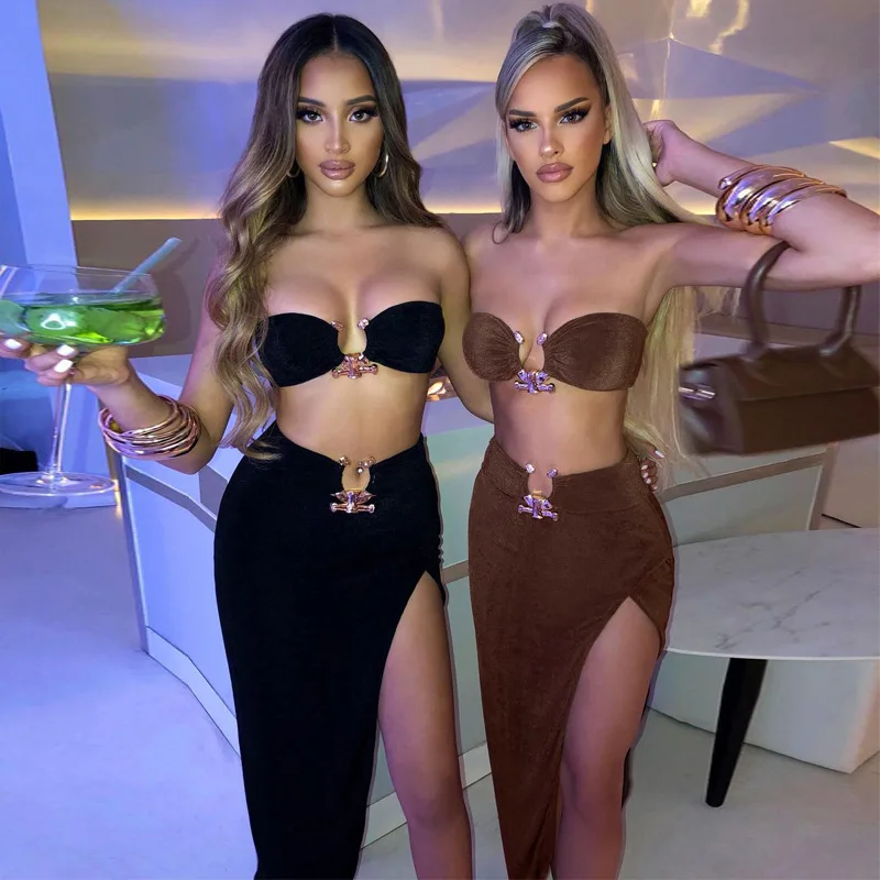 

Summer Strapless Slim Dresses Set For Women Sexy Metal Chain Backless Bodycon Dress Side Split Ladies Party Night Long Dress New