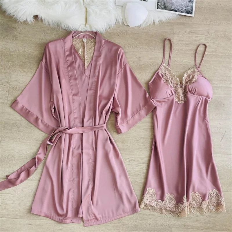 

New Female Kimono Bathrobe Gown Sleepwear Sexy Lace Trim Wedding Robe Nightdress Two Piece Set Spring Summer Casual Home Dress