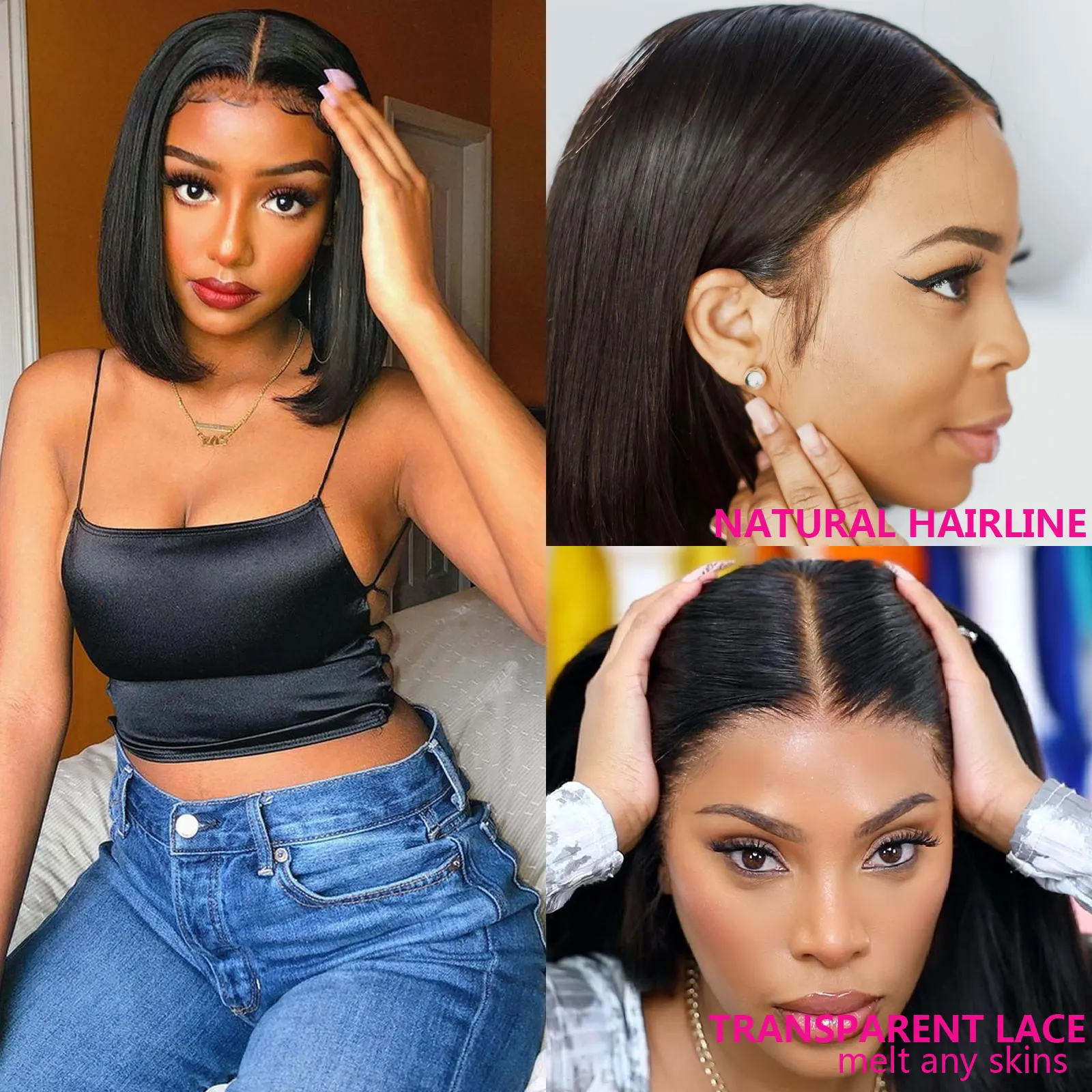 Missanna Short Bob Lace Front Human Hair Wigs Brazilian Straight Remy 4X4 Closure Wig Pre Plucked 13X4 Transparent Lace Bob Wig enlarge