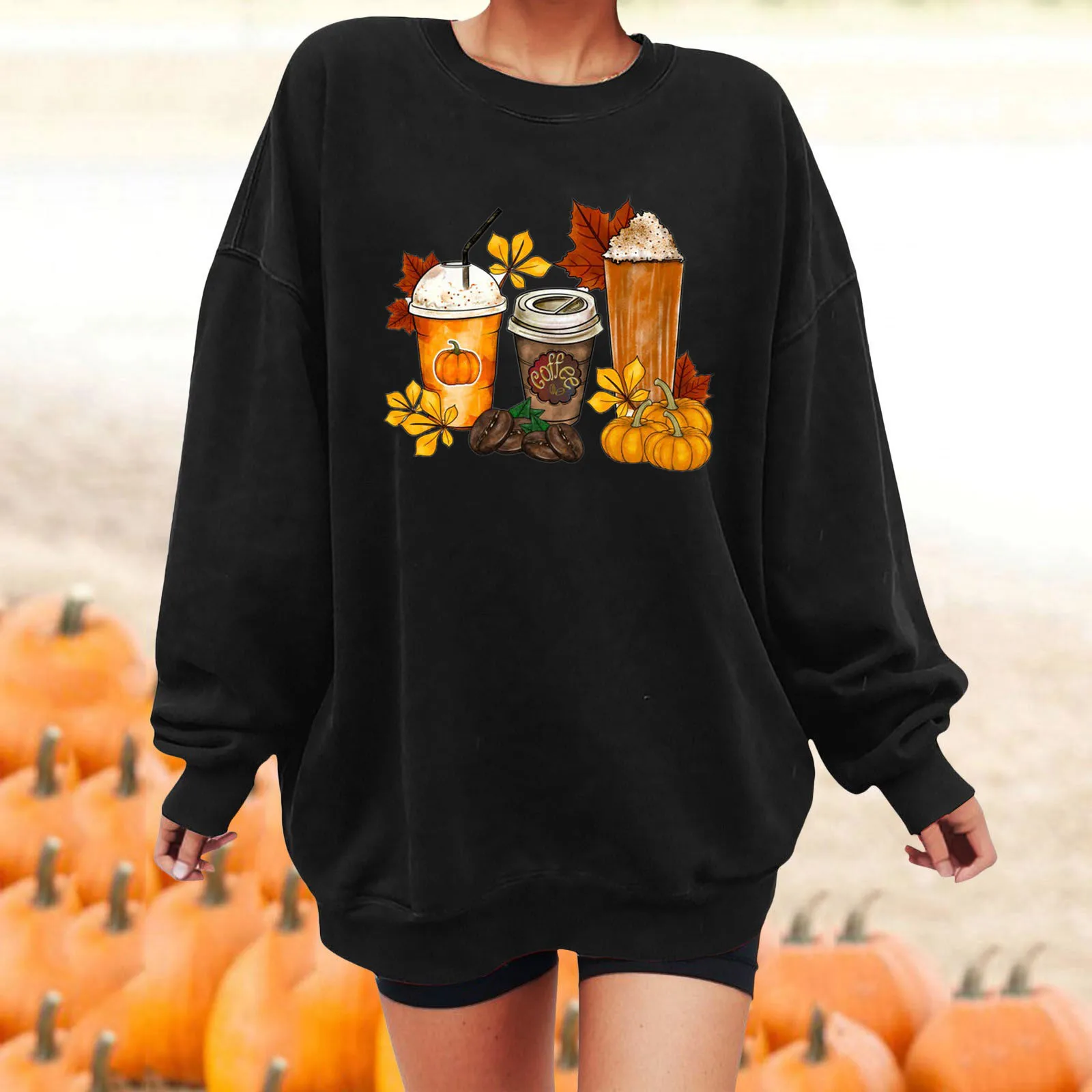 

Womens Sweatshirt Loose Pumpkin Print Crewneck Long Sleeve Casual Basic Pullover Top Winged Long Sleeve