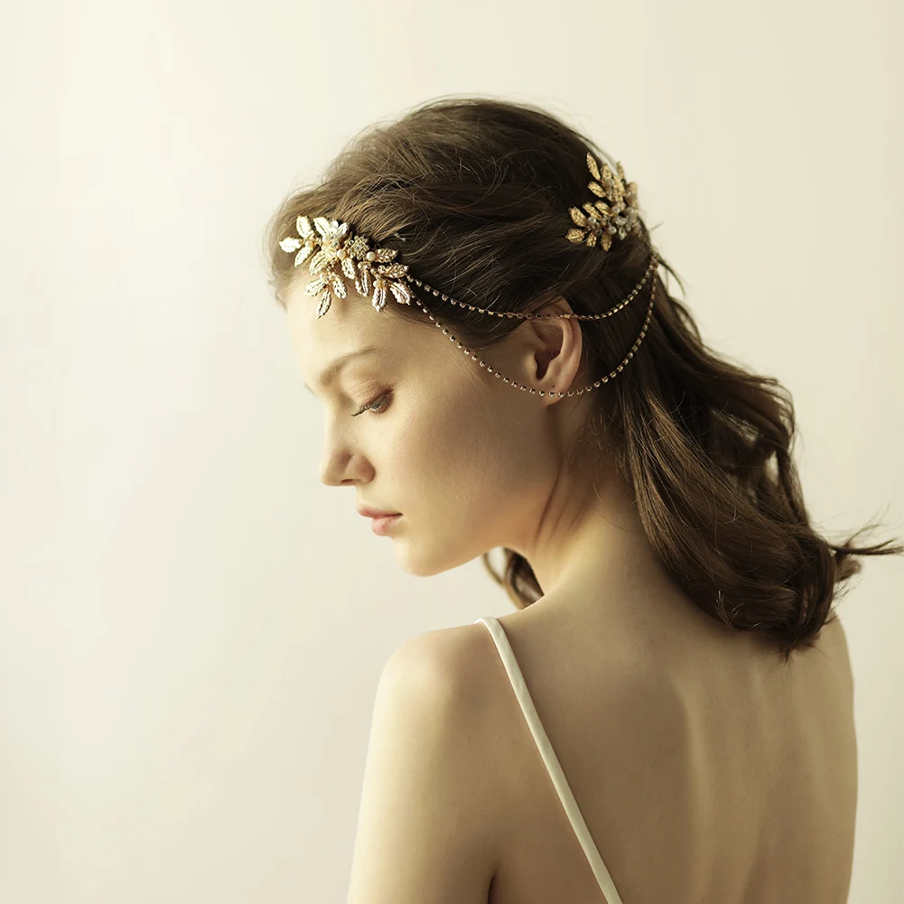 

O827 Exquisite Wedding Bridal Hair Comb Alloy Leaves Inlaid Crystal Chain Brides Bridesmaid Headpiece Women Pageant Headdress