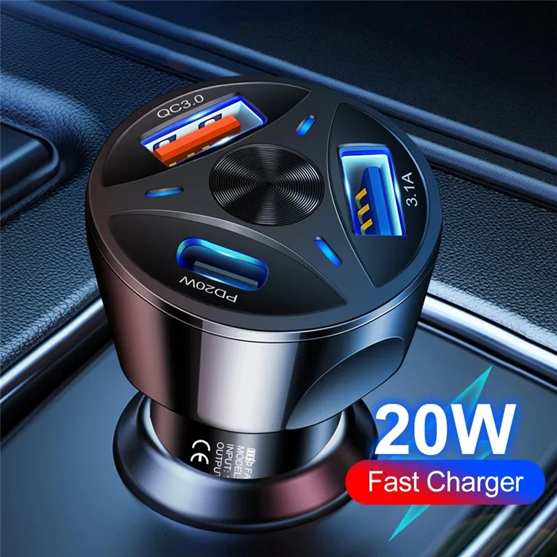 Автомобильное зарядное устройство PD 20 Вт 3 порта USB 7A быстрая зарядка