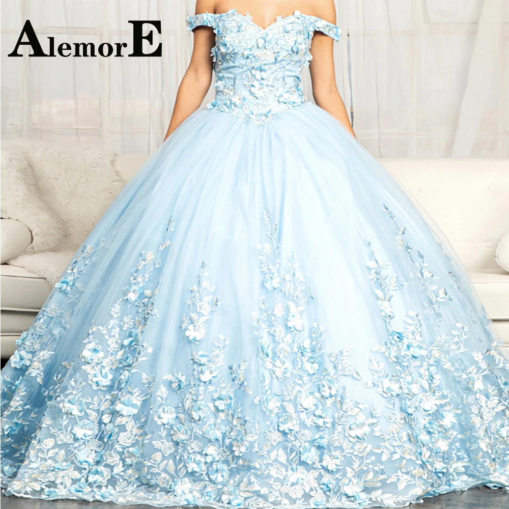 

Alemore Chic Ball Gown Quinceanera Dresses 3D Flowers Sweetheart Pleat Off the Shoulder Lace Up Made To Order Vestido De 15 Anos