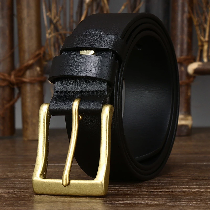 Genuine Leather Belt Men Retro Brass Copper Buckle Strap Cowhide Accessories Casual Belts for Men 3.CM Top Quality Cow Skin