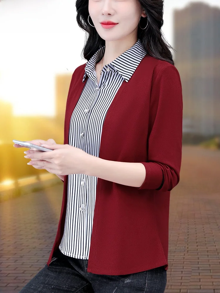 Woodpecker Fake Two Pieces Top Women Spring and Autumn 2024 New Fashion Western Sle Middle-Aged Mom Cardigan Long sleeve Shirt |