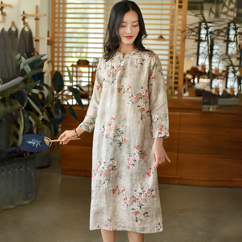 

Summer Chinese Style Retro Cotton Linen Improved Qipao Dress Disc Buckle Floral Printing Elegant Long Sleeve винтажное платье