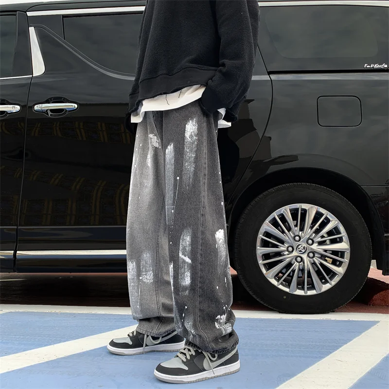 2023 Casual Baggy Jeans Mens Korean Streetwear Fashion Hip Hop Straight Wide Leg Trousers Black Gray