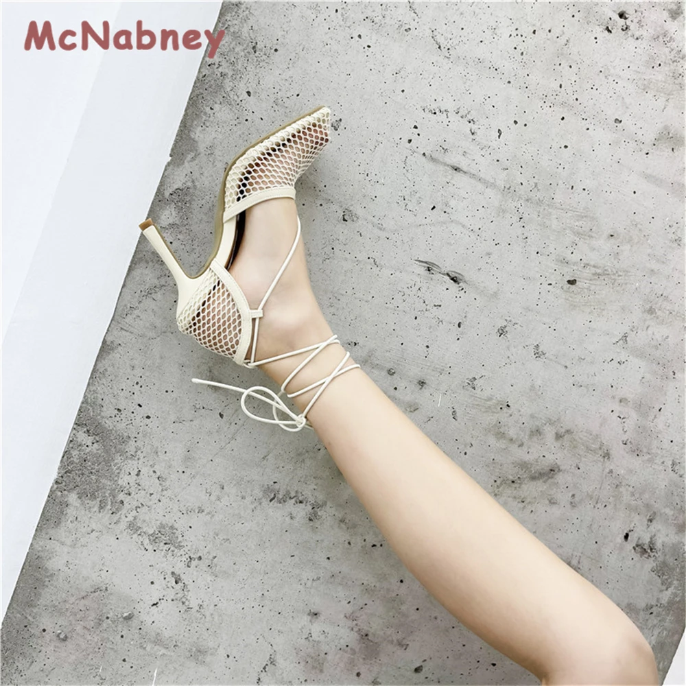 2023 New Sexy Mesh Pumps Sandals Female Square Toe High Heel Lace Up Cross-Tied Stiletto Hollow Shoes Fashion Breathable Sandals
