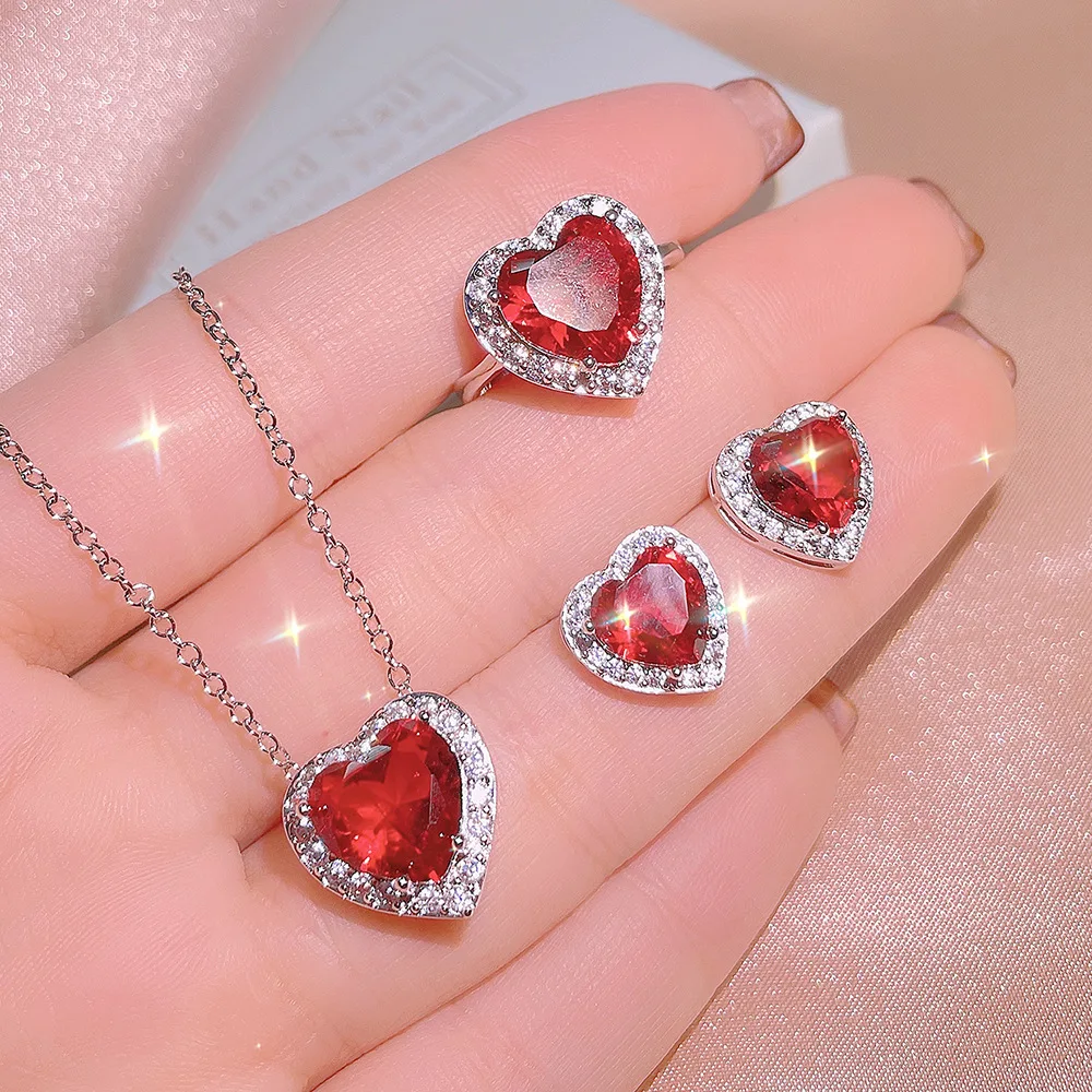 

2022 NEW Trend Small Heart Women Jewelry Sets Silver Plate Zirconias Pendant Necklace Earrings Ring Engagement Wedding Gift