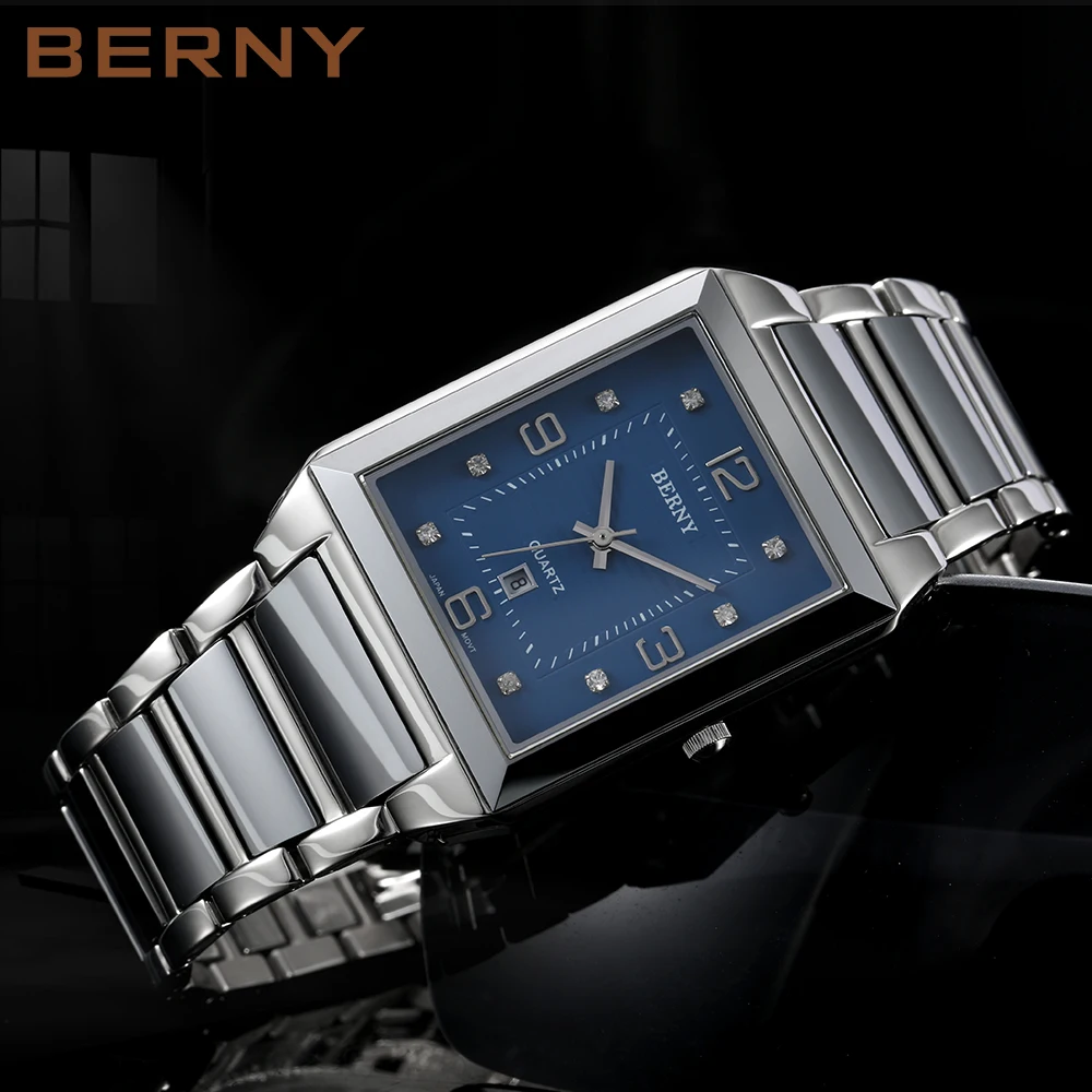 BERNY Quartz Watch for Men Tank Wristwatches Sapphire Business Watches Full Stainless Steel Tungsten steel Case Waterproof Watch