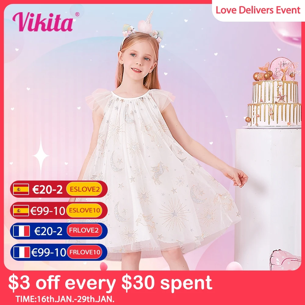 

VIKITA 2022 New Summer Girls Dress Suspender Skirt Sleeveless Ruffles Dress Kids Muslin Slip Dresses Clothing Cute Star Print