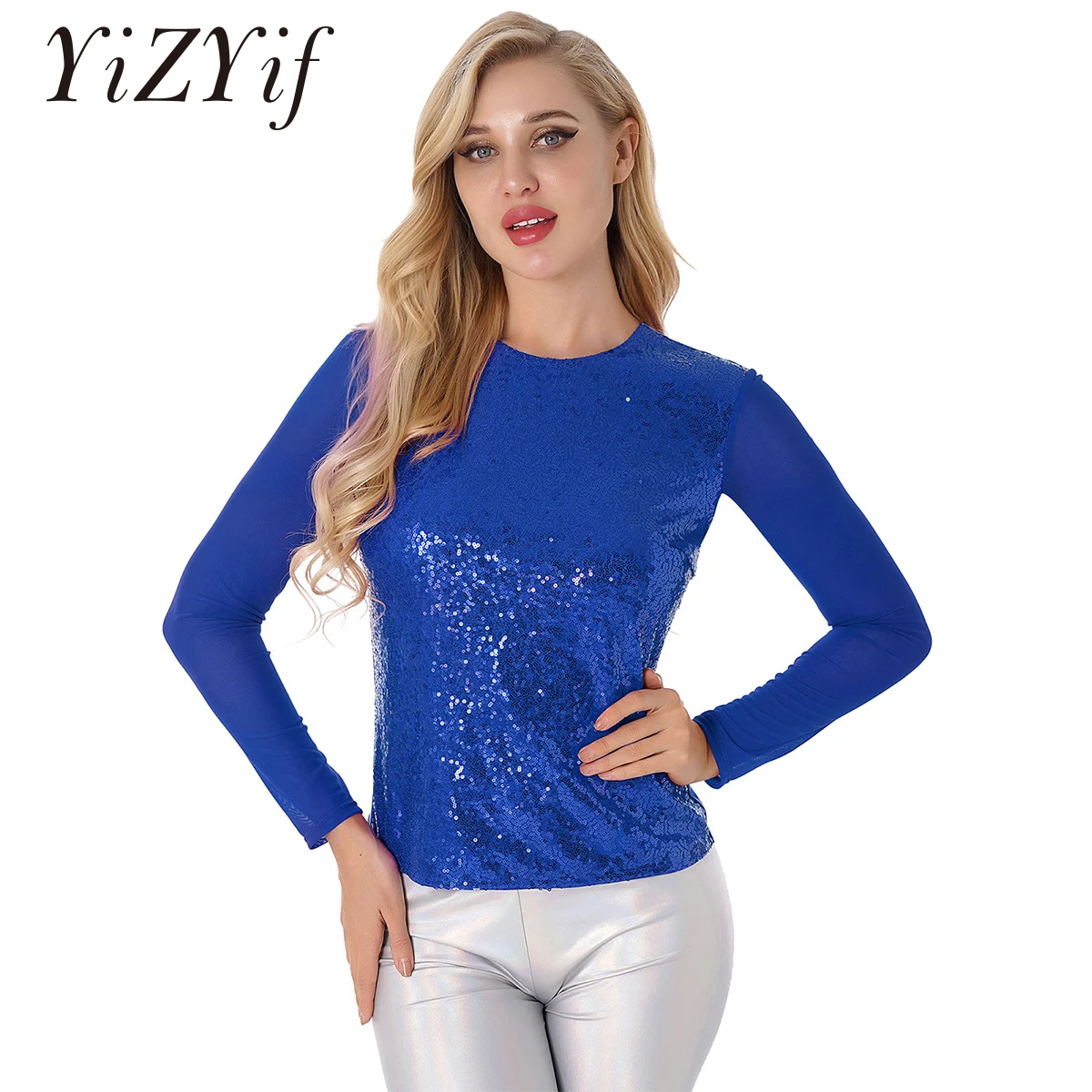 

Футболка женская с блестками, прозрачный сетчатый костюм с длинным рукавом в стиле хип-хоп для джазовых танцев, представлений, пикантный на...